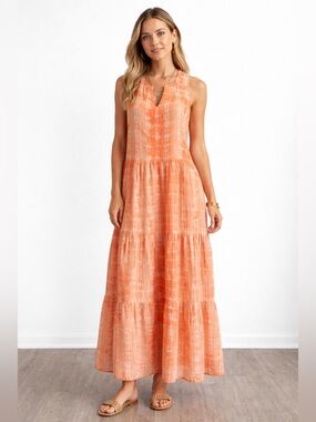 J. Jill Sleeveless Coral-Orange 100% Cotton Tiered Maxi Dress (XS) Boho Vacation